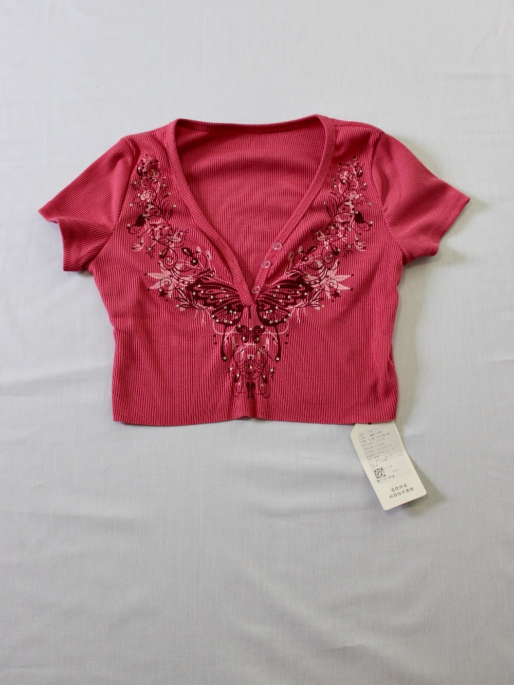 Y2K Pink Ribbed Butterfly Embroidered Crop Top Size Medium